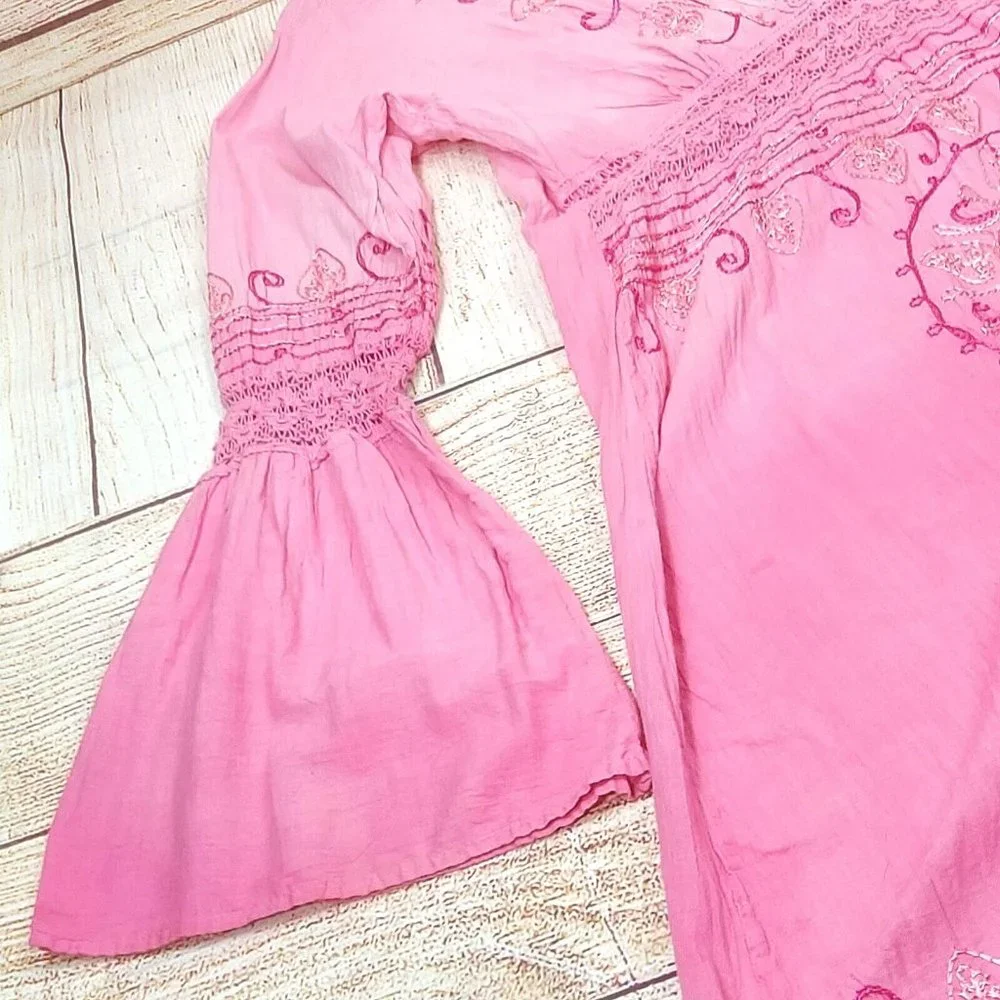 Embroidery Pink Summer Tunic Women's Shirt Tunic Top Dress Kurta 100% Cotton L - Picture 10 of 16